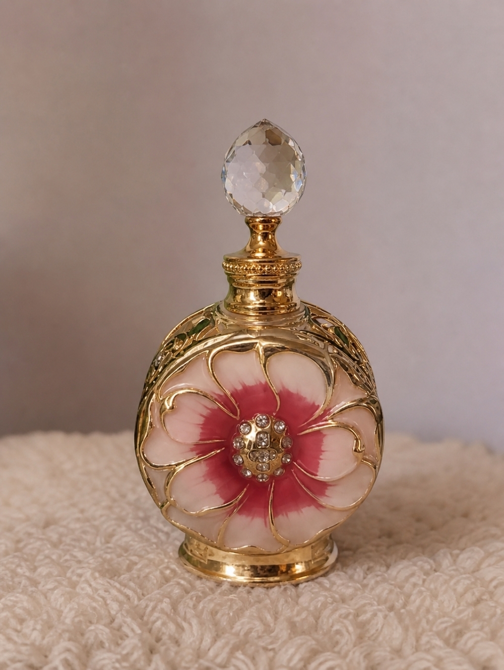 Gold Floral Jeweled Perfume Bottle with Crystal Stopper